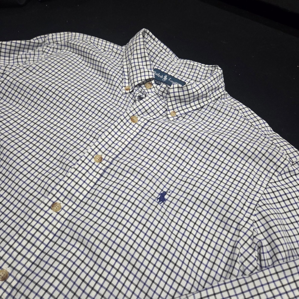 Ralph Lauren Mens Classic Fit Button Down Shirt Blue Black Check Cotton Large